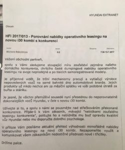Dopis centrály Hyundai Motor Czech, v kterém radí prodejcům, aby poslali zákazníky k psychologovi.