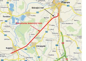 Trasování úseku Kojetín - Přerov. Foto: SŽDC