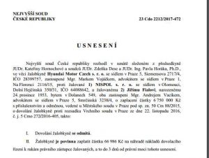 Usnesení Nejvyššího soudu, v kterém odmítl dovolání Hyundai Motor Czech