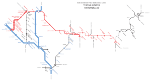 Plán na zrychlení vlaků Praha - Liberec. Základní varianta, která mění jen trať 070 a nepřinese zásadní zrychlení. 