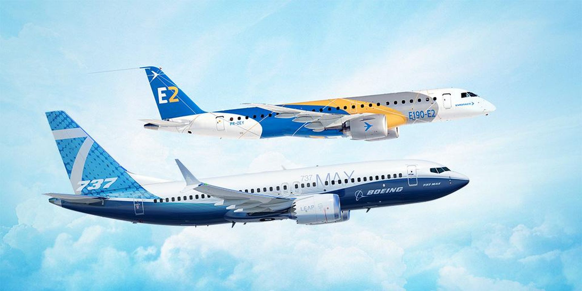 Embraer E2 a Boeing 737, vlajkové lodi v oblasti úzkotrupých letadel obou výrobců. Foto: Boeing