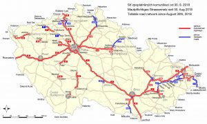 Mapa dnes zpoplatněné sítě dálnic a silnic. Pramen: MYTO CZ