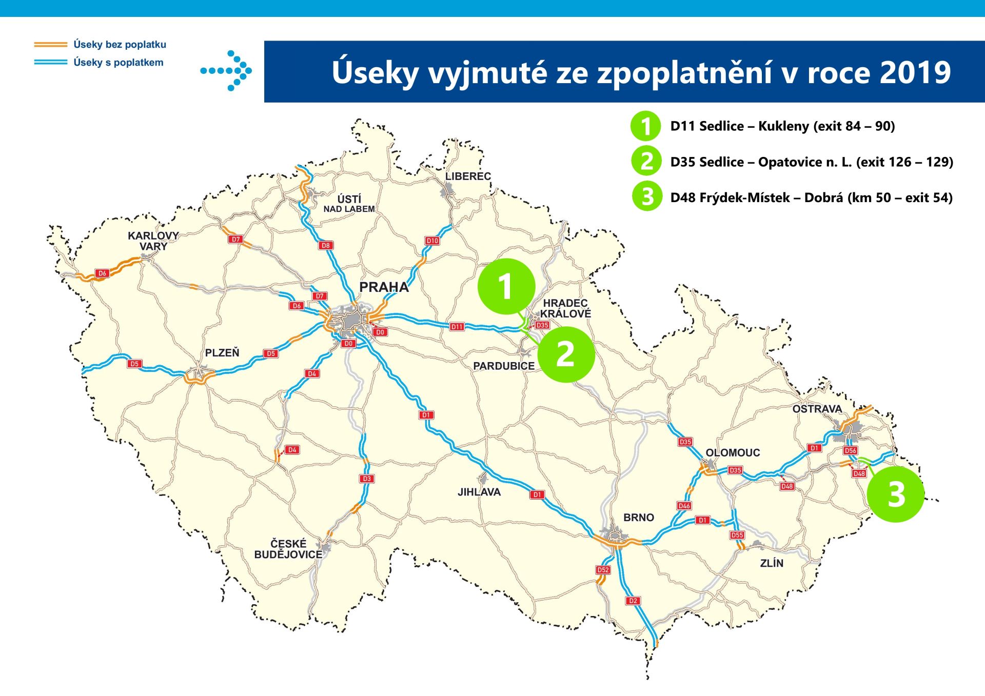 Nové úseky dálnic, které budou osvobozeny od dálniční známky. Foto: MDČR