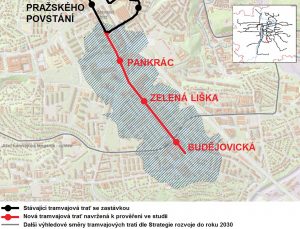 Mapa trasy tramvaje mezi stanicemi Pražského povstání a Budějovická.
