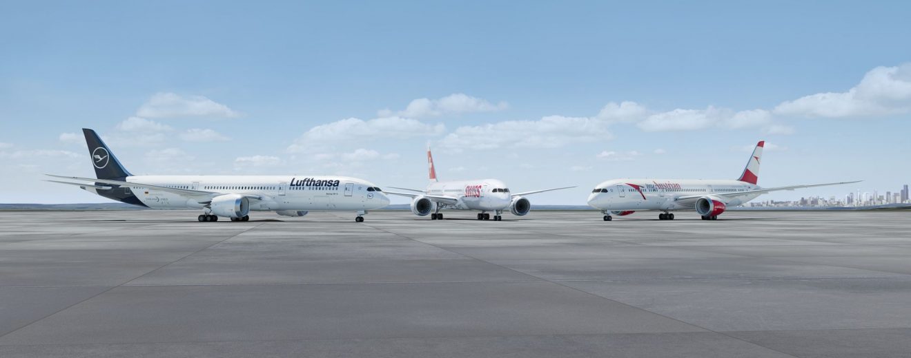 Boeingy 787-9 v barvách různých aerolinek skupiny Lufthansa Group