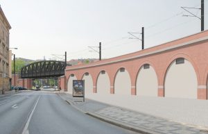 Vizualizace mostu přes ulici Prvního pluku. Jde o součást opravy Negrelliho viaduktu