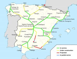 Mapa vysokorychlostních tratí ve Španělsku. Autor: HrAd - Wikimedia Commons