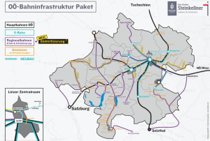 Mapa chystaných změn na železnici v Horním Rakousku. Foto: ÖBB