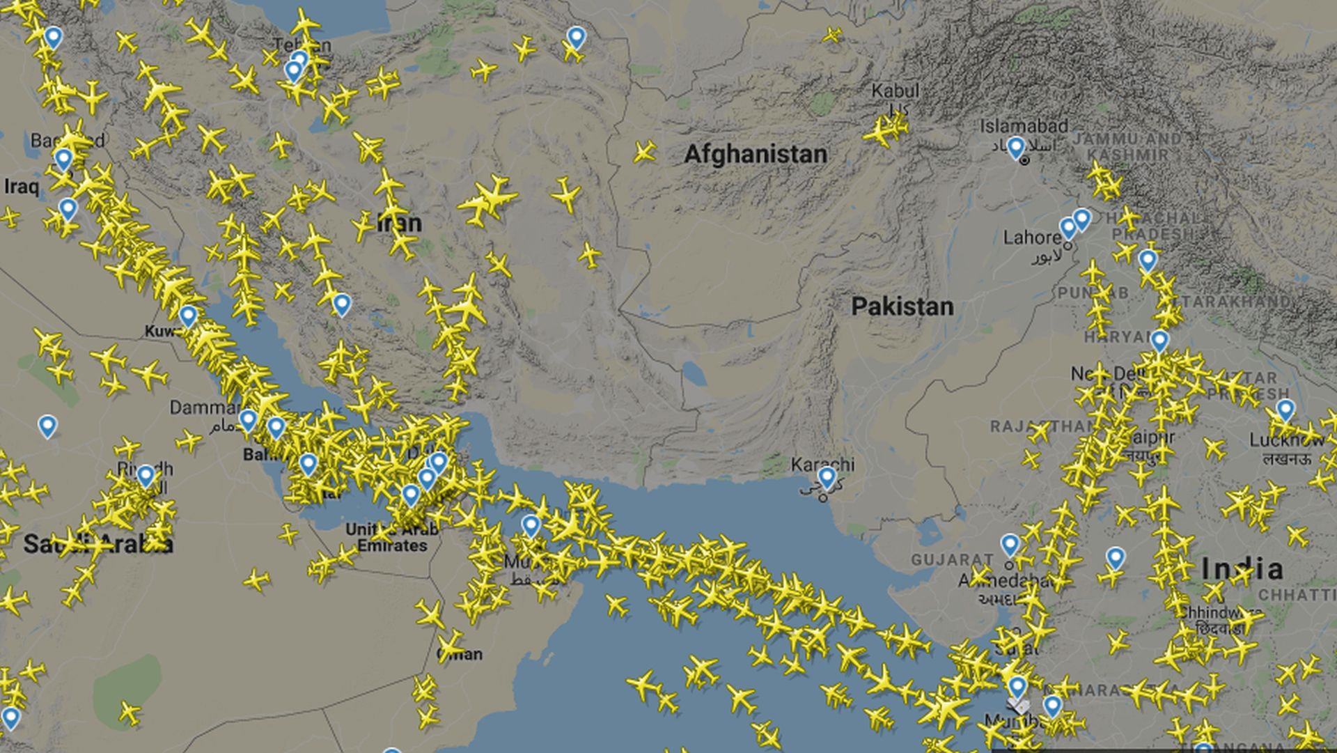Vzdušný prostor nad Pákistánem v únoru 2019 po jeho uzavření. Foto: Flightradar24.com