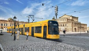 Tramvaj Flexity na vizualizaci v historickém centru Drážďan. Foto: Bombardier
