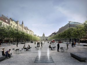 Návrh podoby Václavského náměstí s tramvajemi. Pramen: IPR