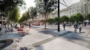 Návrh podoby Václavského náměstí s tramvajemi. Pramen: IPR