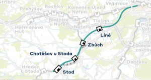Trasa trati v nové stopě na 200 km/h z Plzně do Stodu. Foto: SŽDC