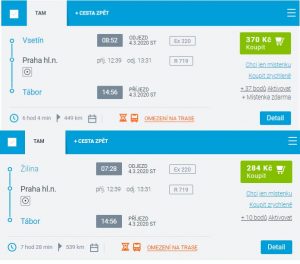 Příklady cenového rozdílu jízdenek pro trasu v Česku a pro trasu zahájenou v zahraničí. Foto: ČD
