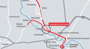 Železniční křižovatka Radebeul u Drážďan. Pramen: Deutsche Bahn