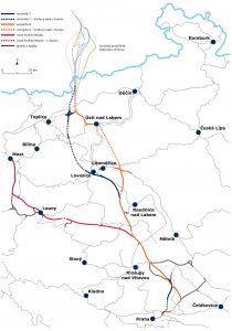 Mapa možných tras pro nové železniční spojení Praha - Drážďany. Foto: Správa železnic