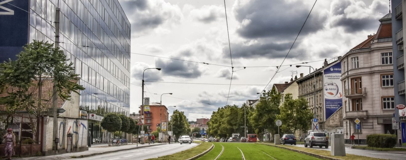 Tramvajová trať v Nových Sadech po rekonstrukci s novými zelenými pásy. Foto: DPMB