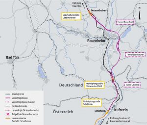 Vybraná "fialová" varianta příjezdu k severnímu portálu tunelu Brenner. Pramen: DB Netze, ÖBB Infra