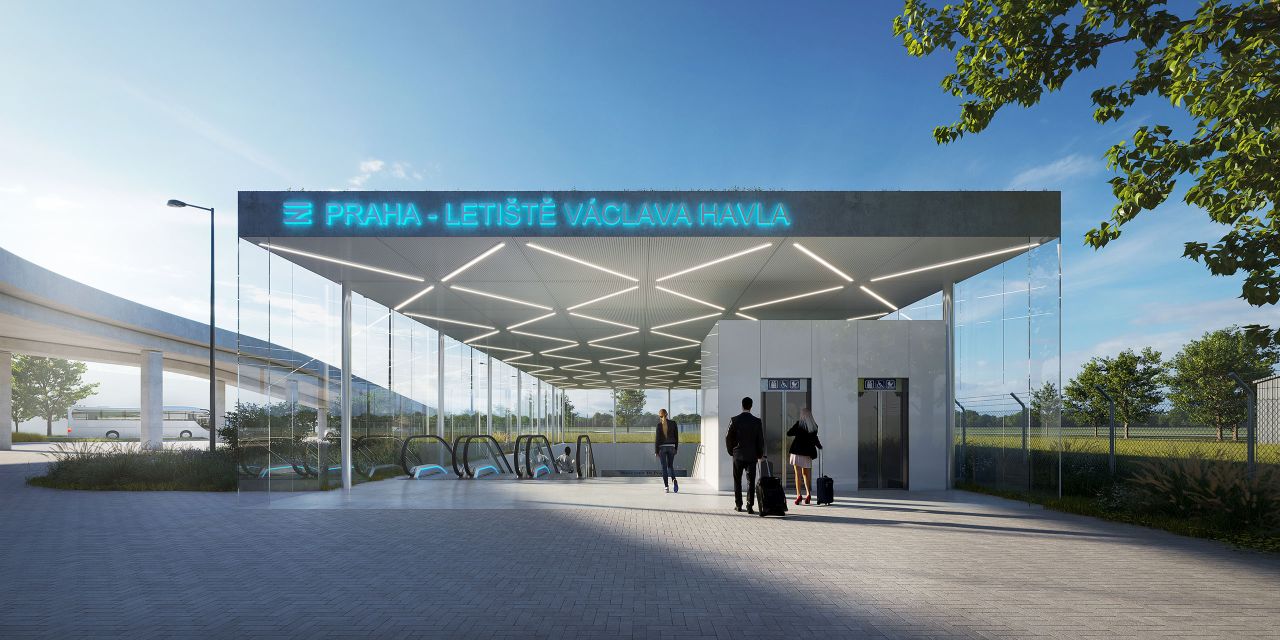 Vizualizace železniční stanice na Letišti Václava Havla. Foto: idhea architekti / Správa železnic