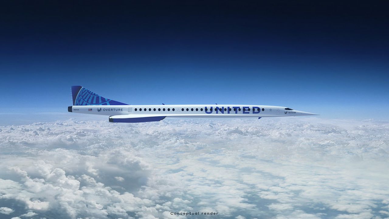 Vizualizace letadla Boom Supersonic Overture v barvách United Airlines. Foto: UA