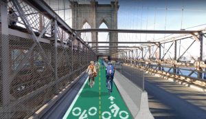 Vizualizace vyhrazených pruhů pro cyklisty na Brooklenském mostě. Foto: NYC.gov