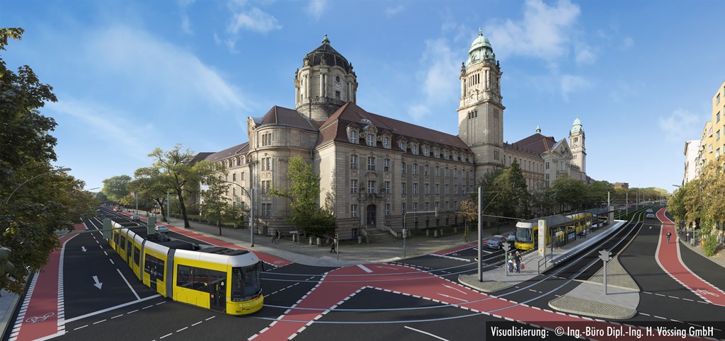 Vizualizace nové tramvajové trati skrze čtvrť Moabit v Berlíně. Pramen: © BVG/ Vössing Ingenieur GmbH