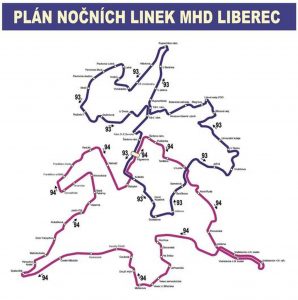 Plán linek MHD, které pojedou v Liberci po půlnoci. Foto: DPMLJ