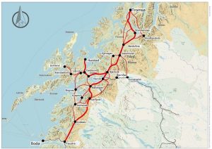 Možné trasy spojení za severní polární kruh v Norsku. Foto: https://www.jernbanedirektoratet.no/no/aktualiteter/2022/jernbanedirektoratet-skal-utrede-nord-norgebanen/