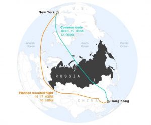 Trasa sioučasného a budoucího letu New York - Hongkong. Foto: Bloomberg