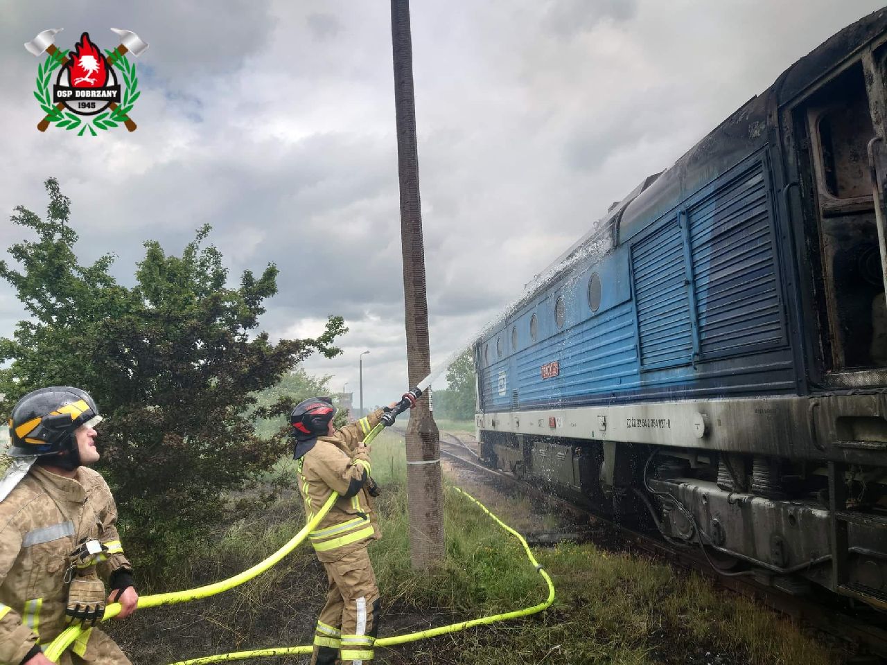 Požár lokomotivy 754 v Polsku. Foto: OSP Dobrazany