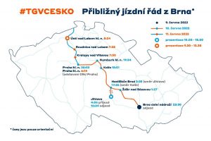 Mapa převozu jednotky TGV po ČR. Foto: Správa železnic