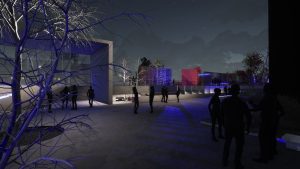  Vizualizace vítězného návrhu Petr Stolín Architekt - noční atmosféra před vstupem stanice | Zdroj: Petr Stolín Architekt
