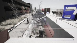  Vizualizace vítězného návrhu Petr Stolín Architekt - parter mezi stanicí a parkovacím domem P+R | Zdroj: Petr Stolín Architekt
