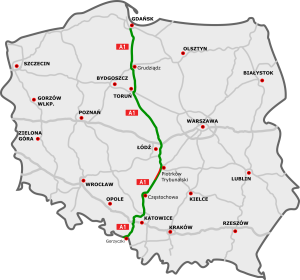 Trasa Dálnice A1 s vyznačeným zprovozněným úsekem. Zdroj: cs.wikipedia.org