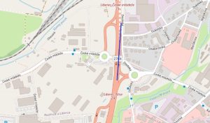 Úsek I/35 v Liberci, který projde rozšířením (modře). Foto: OpenStreeMap.org