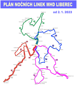 Mapa nočních autobusů s jediným odjezdem v 0:20 v Liberci od ledna 2023. Foto: Liberec.cz