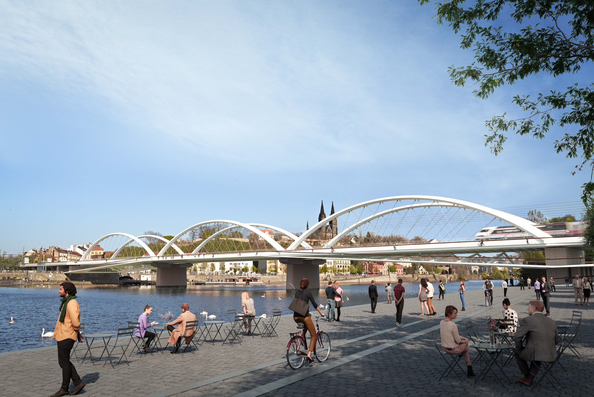 Vítězný návrh nové podoby železničního mostu na Výtoni. Vizualizace: 2T engineering