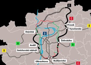 Vnitřní tramvajový okruh a možná trasa okružního metra v Praze. Tramvaje jsou vyznačeny červeně a zeleně. Foto: Piráti