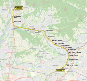 Mapa tramvajové trati T2 v Bergamu. Foto: Arbalete / Wikimedia Commons