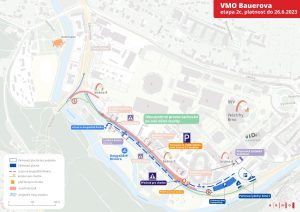 Dopravní omezení v oblasti Bauerova do 26. června 2023. Pramen: Město Brno