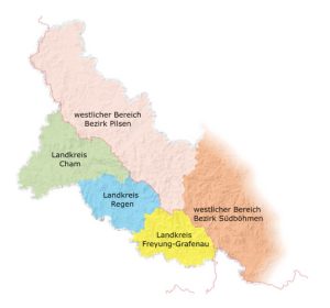 Územní přesah turistických jízdenek na pomezí Bavorska, jižních a západních Čech. Pramen: Bayerwald-Tagesticket
