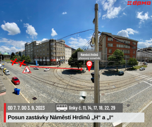 Posun zastávky Náměstí Hrdinů H a I během rekonstrukce ul. Legionářská v Olomouci. Zdroj: DPMO