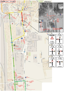 Mapa uzavírky komunikace I/55 ul. 9. května v Přerově. Zdroj: IDSOK