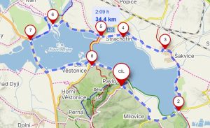 Trasa cyklistického výletu kolem novomlýnských nádrží. Zdroj: Mapy.cz 