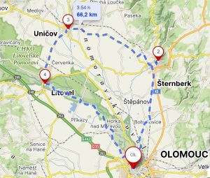 Cyklistický okruh Olomouc – Šternberk – Uničov – Litovel – Olomouc. Zdroj: Mapy.cz