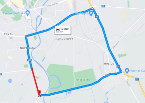 Objízdná trasa uzavírky ul. Dolní Novosadská, Olomouc. Zdroj: Google Maps