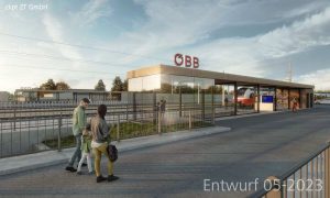 Budoucí trať na vídeňské letiště, zastávka Sarasdorf, vizualizace. Pramen: ÖBB/ZKPT ZT