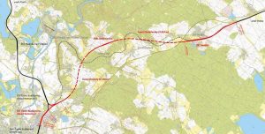 Nemanice - Ševětín, červeně budoucí trať, zeleně dálnice. Pramen: SŽ