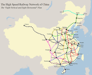 Čínský systému VRT tratí bude tvořit osm vertikálních a osm horizontálních tratí.  Zdroj: Wikipedia