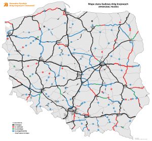 Mapa polských dálnic hotových, v přípravě, soutěžených a rozestavěných.Zdroj: GDDKiA